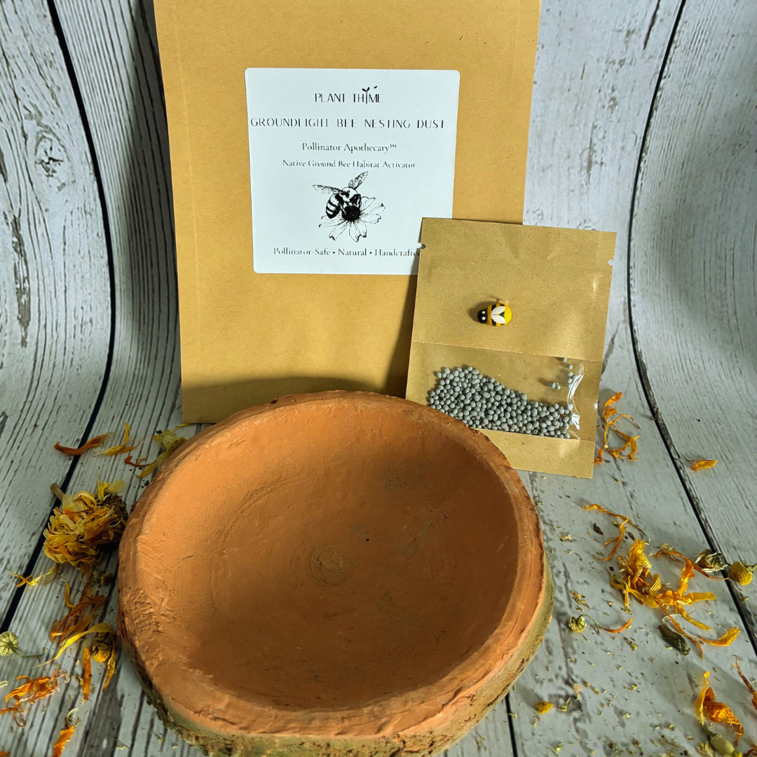 Ground nesting bee garden kit with ceramic water dish, river rock, clover seeds and mineral soil blend for backyard ecosystem and pollinator garden