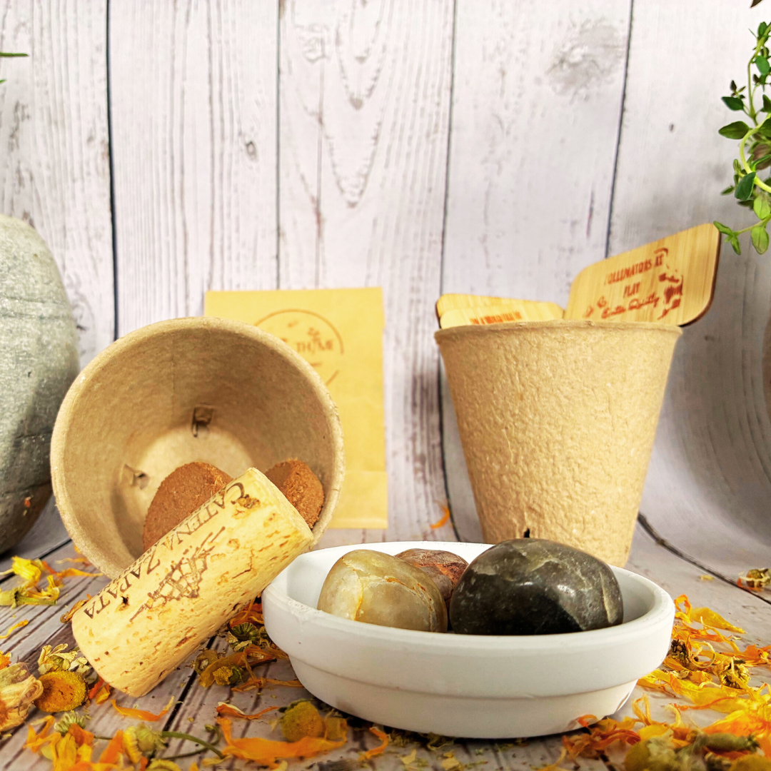 children's pollinator gift set with pollinator seed blend, biodegradable pots, plant tags and ceramic bee watering dish with river rock