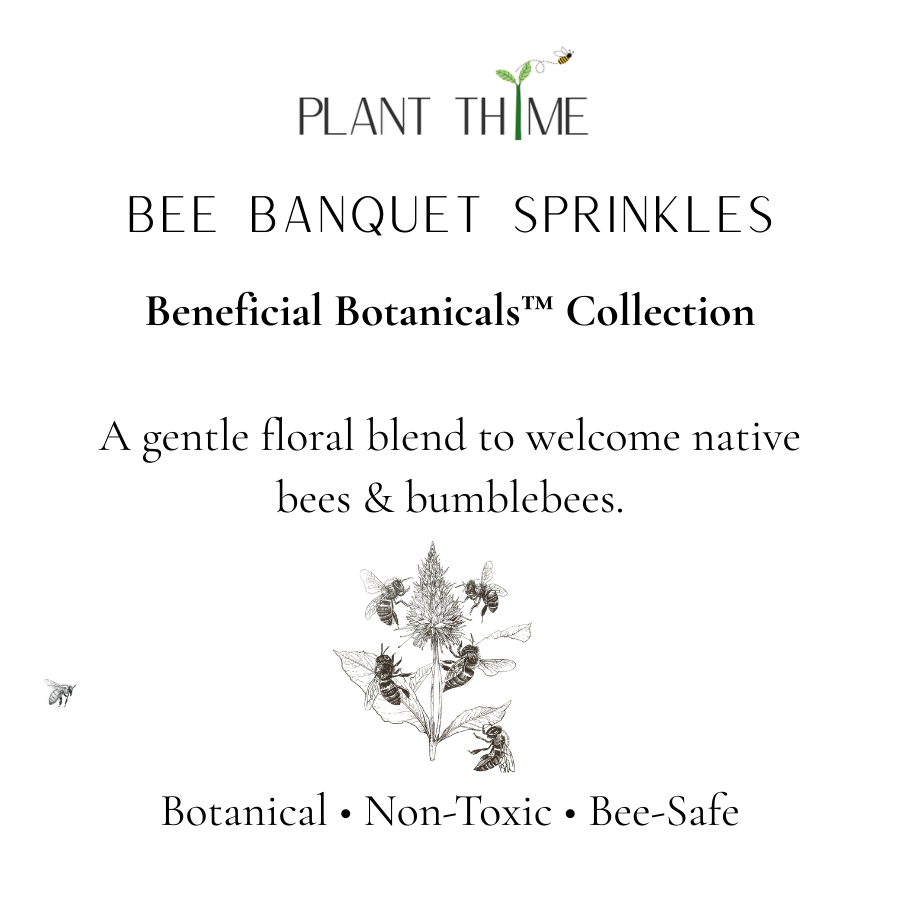 Advertisement for Plant Thyme Bee Banquet Sprinkles with text and illustrations on a white background.