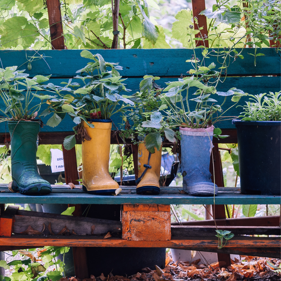 upcycled items turned into garden planters