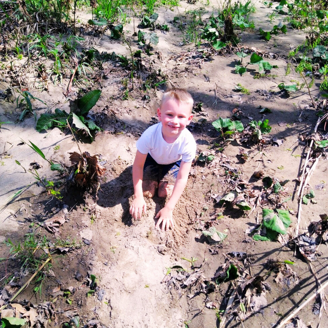 Child in nature building a pollinator garden
