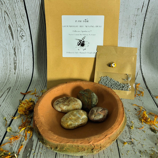 Ground nesting bee garden kit with ceramic water dish, river rock and mineral soil blend for backyard ecosystem and pollinator garden