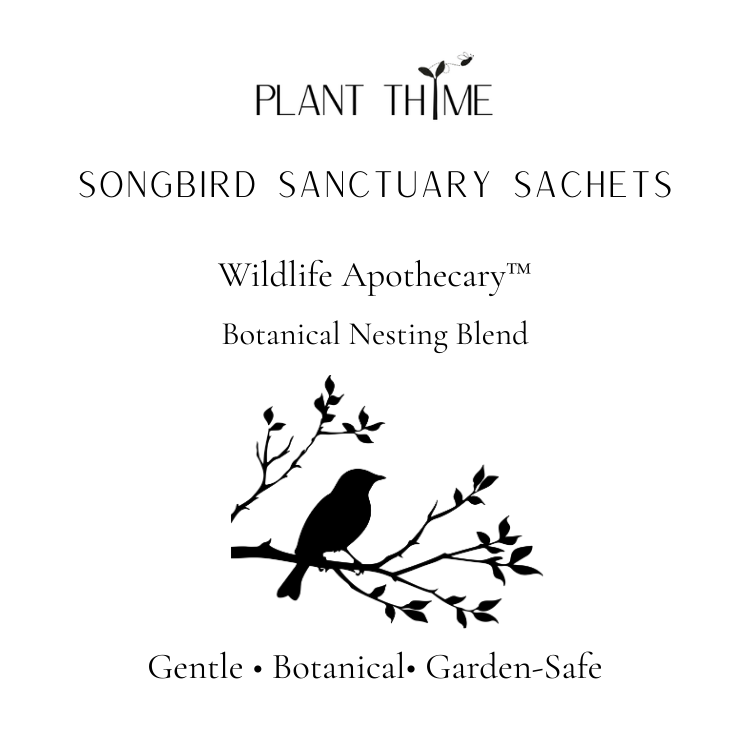 Advertisement for Plant Thyme Songbird Sanctuary Sachets with a bird on a branch illustration.