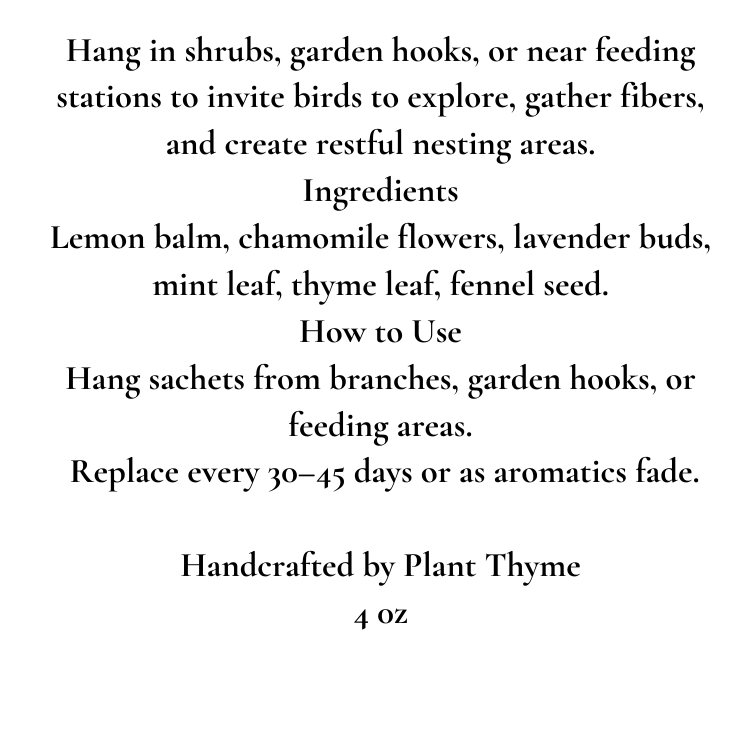 Text describing the use and ingredients of a plant-based product for birds, with branding information.